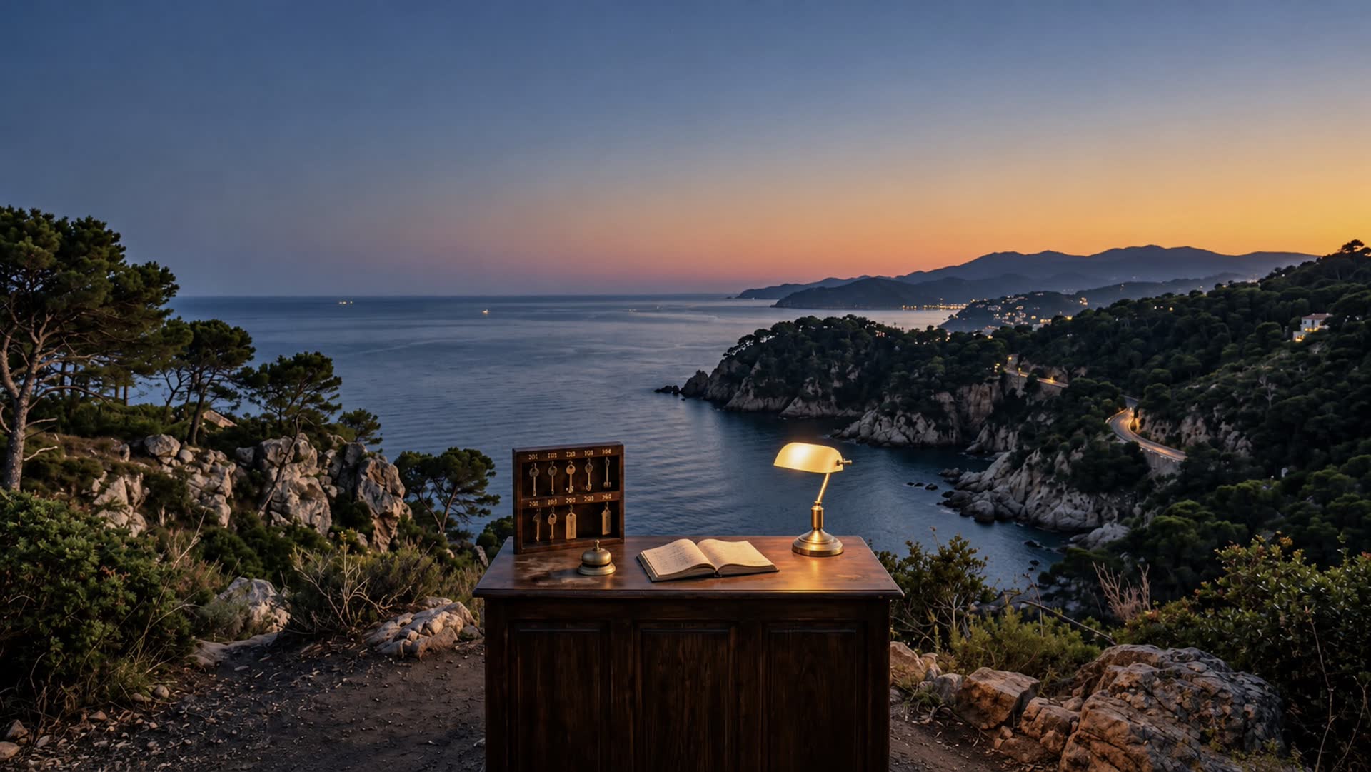 Mostrador de recepción con una lámpara encendida sobre un acantilado de la Costa Brava al anochecer